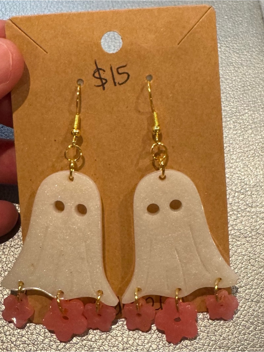 Gold-Accent White Ghost Dangle Earrings with Pink Flower Charms